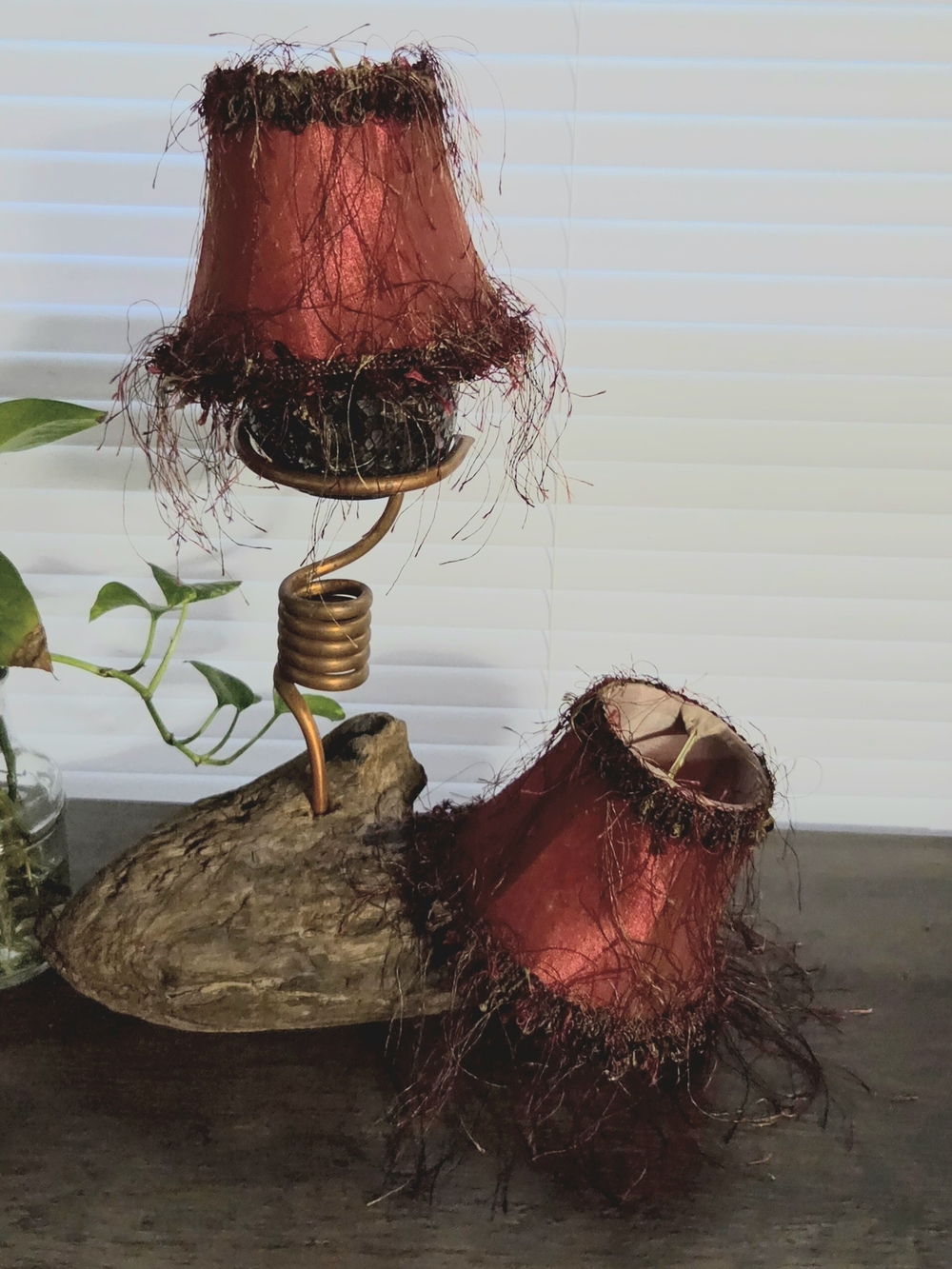 Victorian Style Fringed Satin Mini Lamp Shade Set Of 2 Burgundy Antiqued Gold 5"